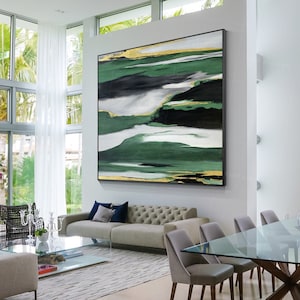Black Green Gold Leaf Abstract Painting: Modern Framed Wall Art