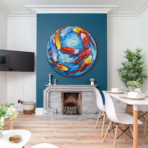 9koi fish painting,original art,koi painting,round art,red fish painting,koi fish oil painting,koi fish art,feng shui painting fish,Ymipaint