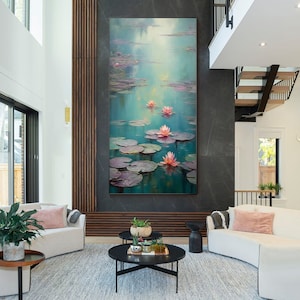 Large pink lotus painting,blue purple pond wall art,framed wall art,floating art,textured wall art,large flower art,pond decor,Ymipaint