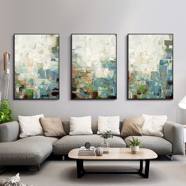 Teal Green Abstract Geometry Painting Set: Original Acrylic Framed Canvas,triptych wall art,framed wall art,wall hangings
