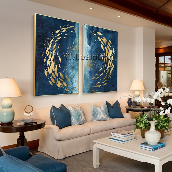 Gold Fish Painting: Navy Blue Abstract Wall Art, Set of 2School of Fish Painting,Ocean underwater artwork fish swirling,school of fish art