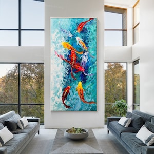 Colorful Koi Fish Painting: Large Abstract Feng Shui Art
