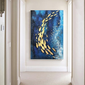 Gold Fish Abstract Painting: Navy Blue Ocean Texture Art,school of fish art