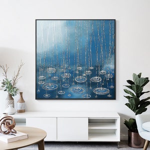 Framed painting Abstract Paintings on canvas falling rain Original acrylic white blue painting large wall pictures