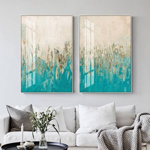 Set of 2 wall art Gold art framed painting 2 piece wall art abstract metal wall art painting on canvas original mountain painting teal green