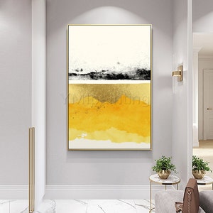 Gold Leaf Abstract Painting: Mustard Yellow Acrylic Art on Canvas