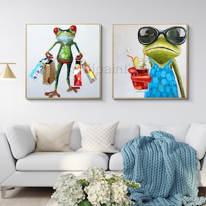 Set of 2 wall art Pet Portrait Frog animal paintings On Canvas Original framed Wall art Pop Art palette knife Wall pictures