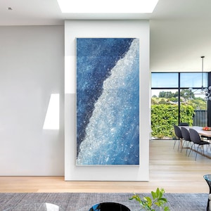 Original minimalist art,Silver glitter painting,crushed glass art,glitter canvas art,navy blue art,beach art,blue abstract art,Ymipainting