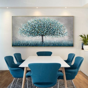 Tree Painting On Canvas,Original Large Painting,Framed art,Forest Wall art,Teal blue Blomming painting,Heavy Textured,Living Room decor