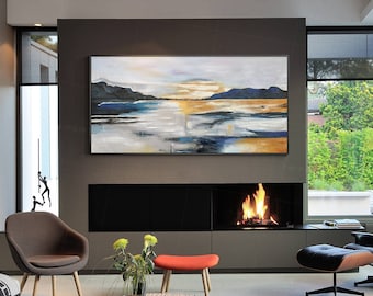 Framed Seascape Canvas Painting: Navy Blue, Orange Sunset, Mountain Abstract Art