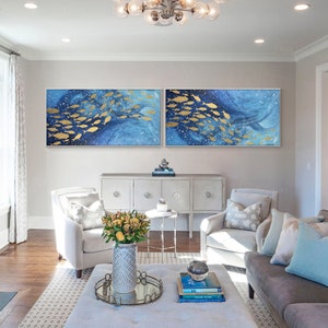 Gold koi fish painting,2 piece wall art,fish painting set,fish art set,fish wall art,ocean wall art,blue abstract art,modern art,Ymipainting