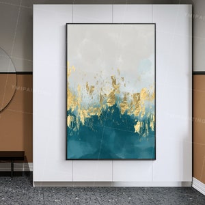 Framed wall art Gold leaf Abstract acrylic paintings on canvas sea waves teal blue painting seascape painting Large wall art