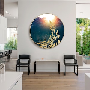 Gold fish round wall art|navy and gold wall art|navy wall art|fish art|fish wall art|sea painting|circular wall art|framed wall art|Ymipaint