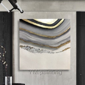 Modern abstract framed wall art acrylic painting on canvas gold gray original extra large wall art home decor cuadros abstractos