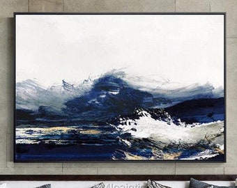 Original Abstract Seascape Oil Painting: Textured Heavy Sea Waves Art