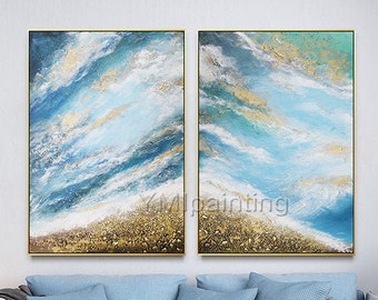 Gold Glitter Abstract Seascape Painting: Modern Framed Canvas Art