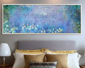 Claude Monet oil painting on Canvas,Large Water lilies Flower paintings Floral Reproduction Lily pads lotus pond,Long horizontal wall art