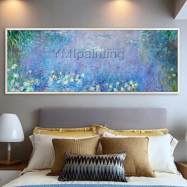 Claude Monet Ölgemälde auf Leinwand,Große Seerosen Blumenbilder Blumenreproduktion Lilienpads Lotus teich,Lange horizontale Wandkunst