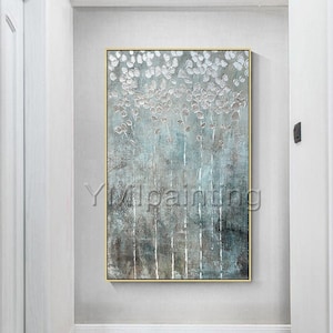 Silver leaf painting tree abstract acrylic paintings on canvas original art green grey extra large Wall Art palette knife bedroom wall decor