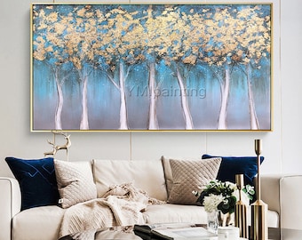 Blue Tree Painting Gold Wall Art, Textured Tree of Life Canvas, Modern Abstract Nature Artwork, Luxury Metallic Home Decor