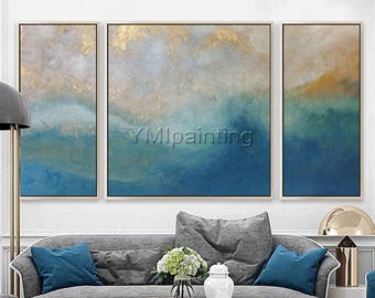 3 pieces wall art cuadros abstractos Sea Waves Canvas Art Abstract Acrylic Painting Seascape Blue Gold Original Ocean painting Wall Pictures