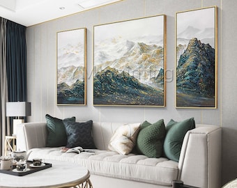 Abstract Smoky Mountain Painting Set: Gold Peaks, Framed Canvas Wall Art,triptych wall art,living room wall art