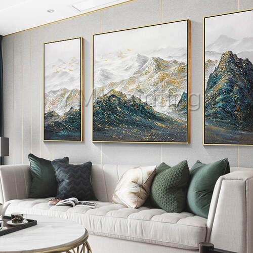 3 Pieces Wall Art Abstract Mountain Painting Peaks Gold Art Etsy