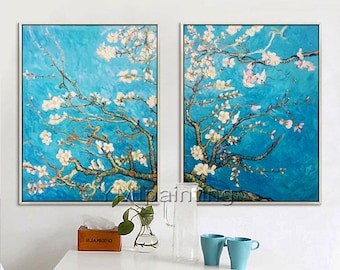 ゴッホ作「アーモンドの花」絵画：手描きキャンバスアート2枚セット