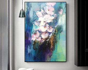 Abstract Floral Oil Painting: Palette Knife White Canvas Art