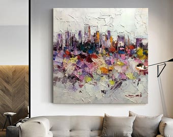 New York Skyline Oil Painting: Abstract Palette Knife Texture Art