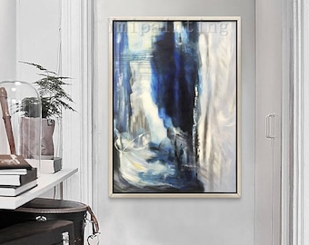 Large Abstract Painting: Blue & White Acrylic Canvas Art