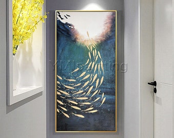 キャンバスまたはプリントのオリジナルアクリル絵画、水槽、青緑、水中