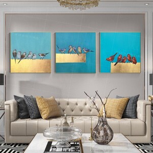 Gold Leaf Set of 3 Wall Art Birds Painting Framed Wall Art Oil ...