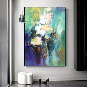 Abstract floral Original paintings on canvas sage green wall art blue palette knife water color flower Painting frame Wall Art