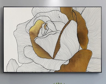 Abstract Gold Rose Painting: Original Acrylic Floral Art on Canvas