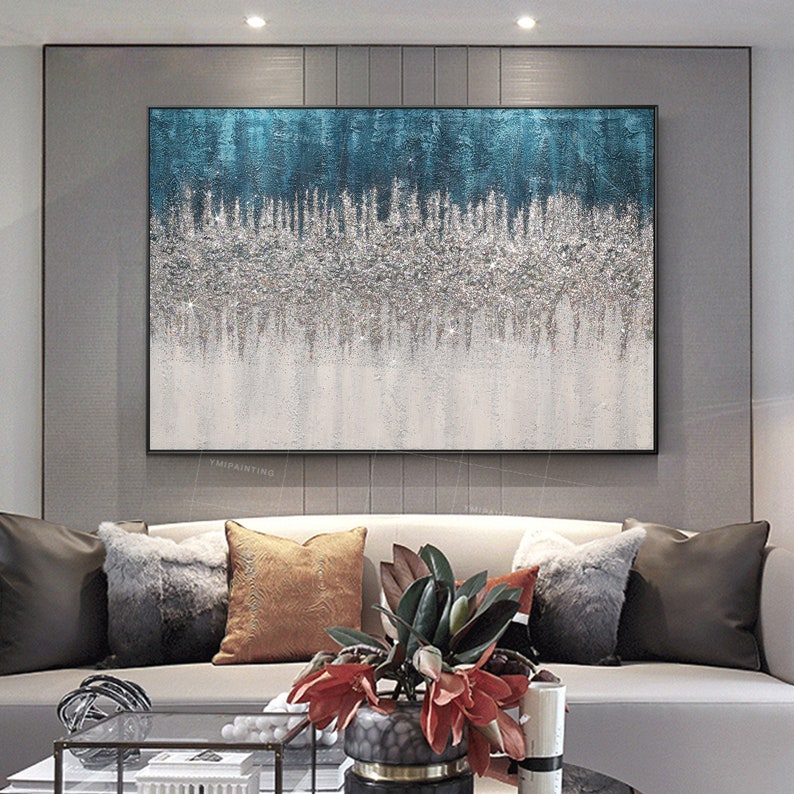 Original Abstract Blue Silver White Glitter Frame Wall Art | Etsy