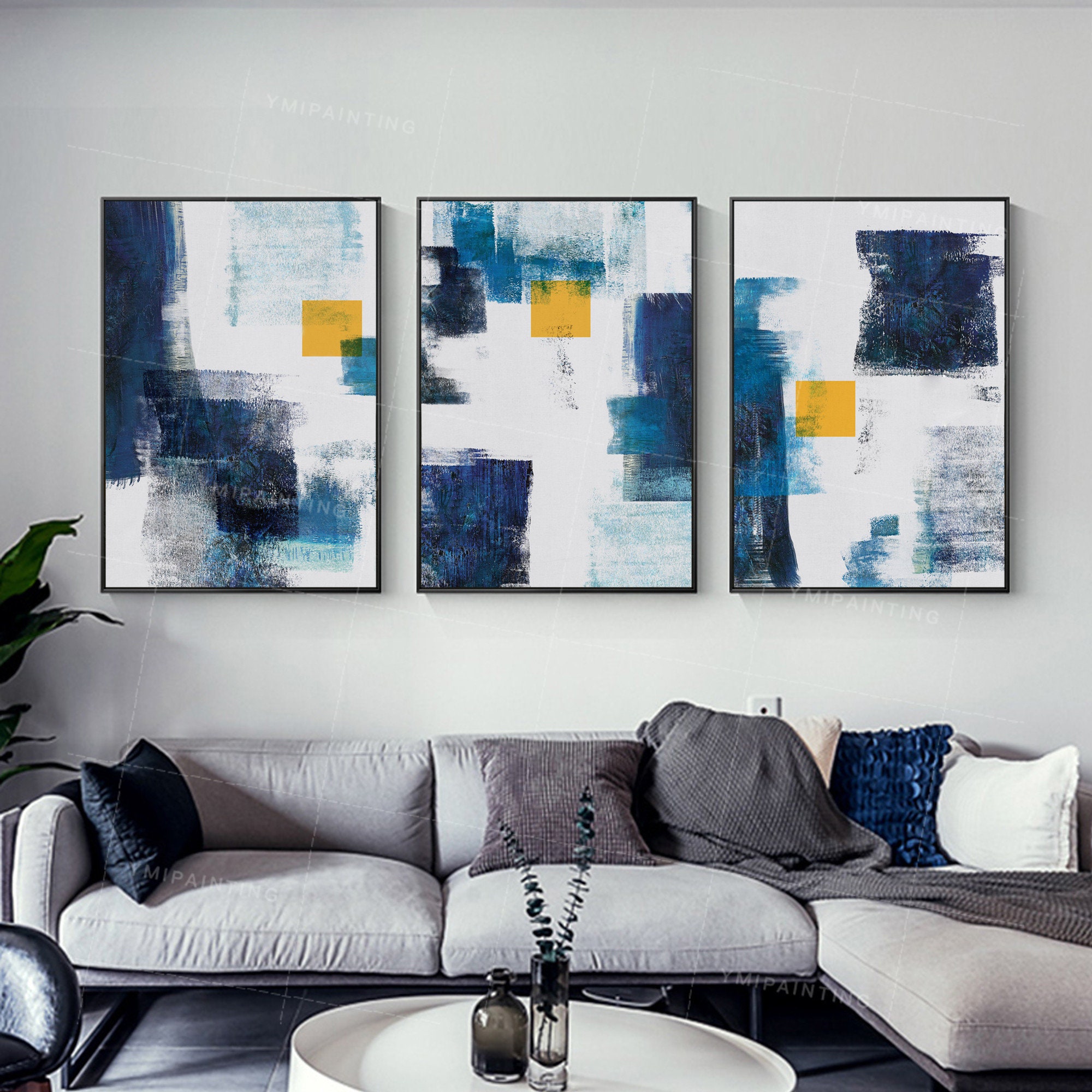 Set of 3 Wall Art Gold Art Abstract Acrylic Geometry Blue Etsy