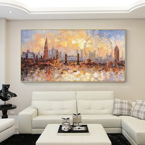 May include: A colorful painting of the London skyline with the London Eye Ferris wheel in the background. The painting is done in a loose, impressionistic style with a warm color palette.