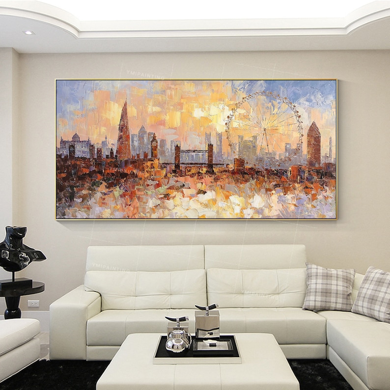 May include: A colorful painting of the London skyline with the London Eye Ferris wheel in the background. The painting is done in a loose, impressionistic style with a warm color palette.
