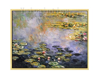クロード・モネの睡蓮の絵画：オリジナルの蓮池の油絵（キャンバス