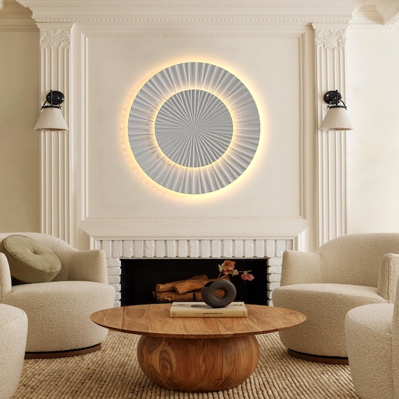 3D Wood Carving,LED warm light,led painting,Handmade Wall Hanging,abstract art wood,3 dimentional wall art,large round art,housewarming gift
