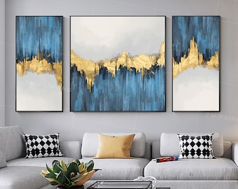 Ensemble de peintures abstraites encadrées à la feuille d'or : oeuvres d'art murales en acrylique bleu sarcelle, lot de 3 oeuvres d'art murales, oeuvres d'art murales de salon, tentures murales