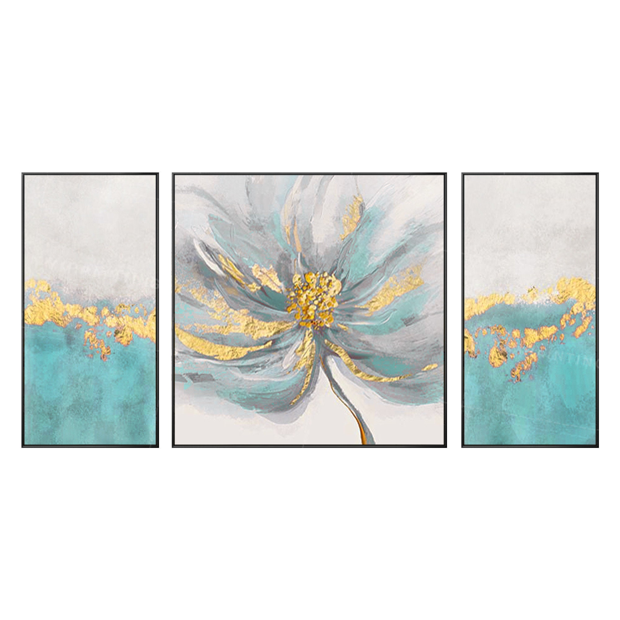 ゴールドの抽象的な花の絵画セット：ティールブルーの壁アート、3