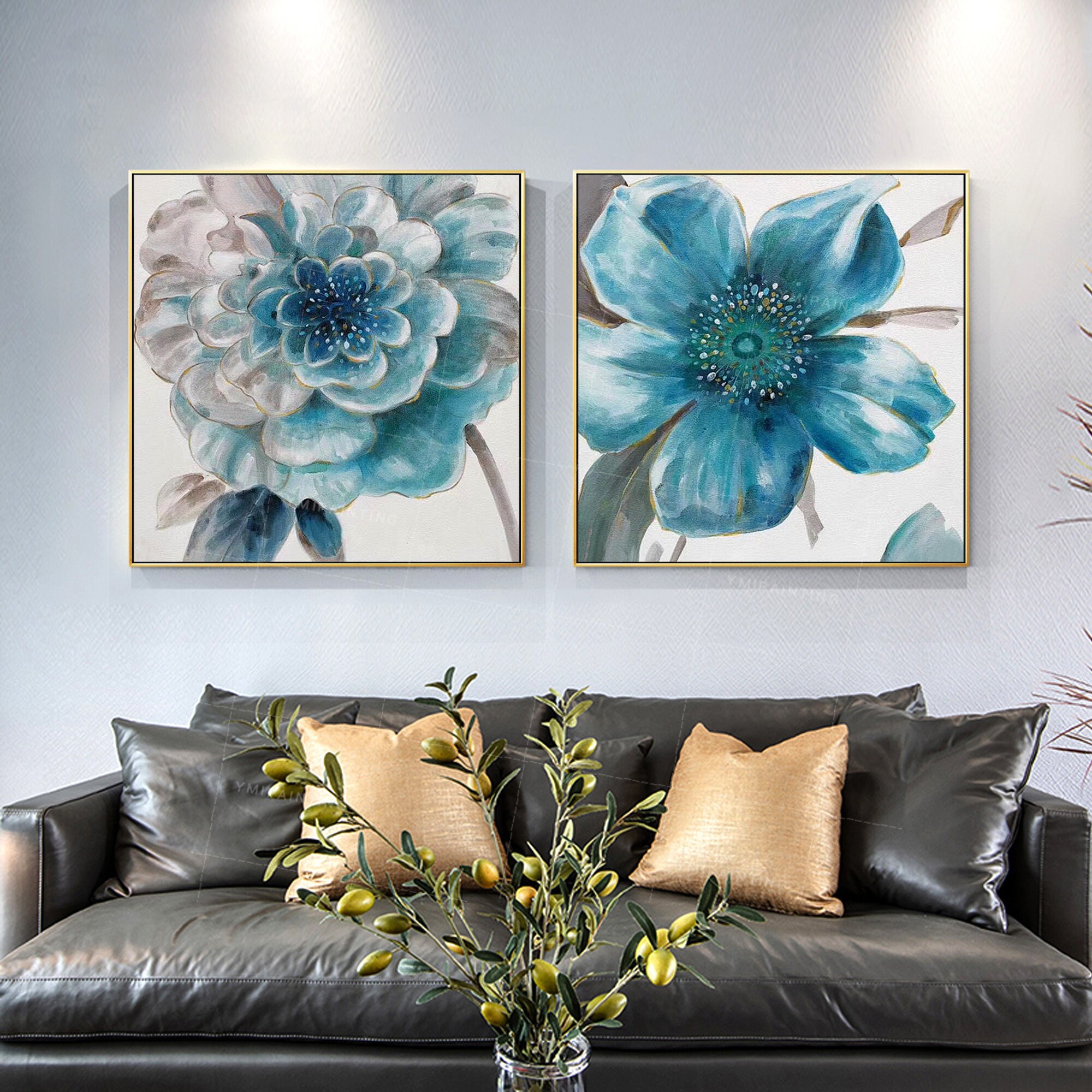 Set of 2 wall art Abstract floral paintings on Canvas art blue Etsy