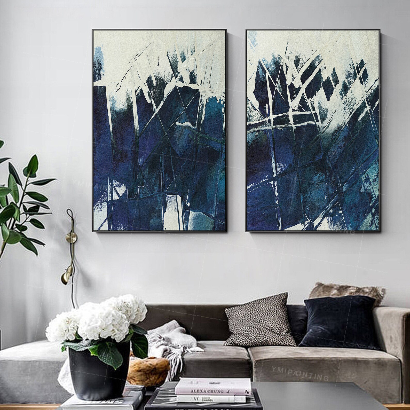 Set of 2 wall art Ymipainting Navy blue 2 piece wall art Etsy