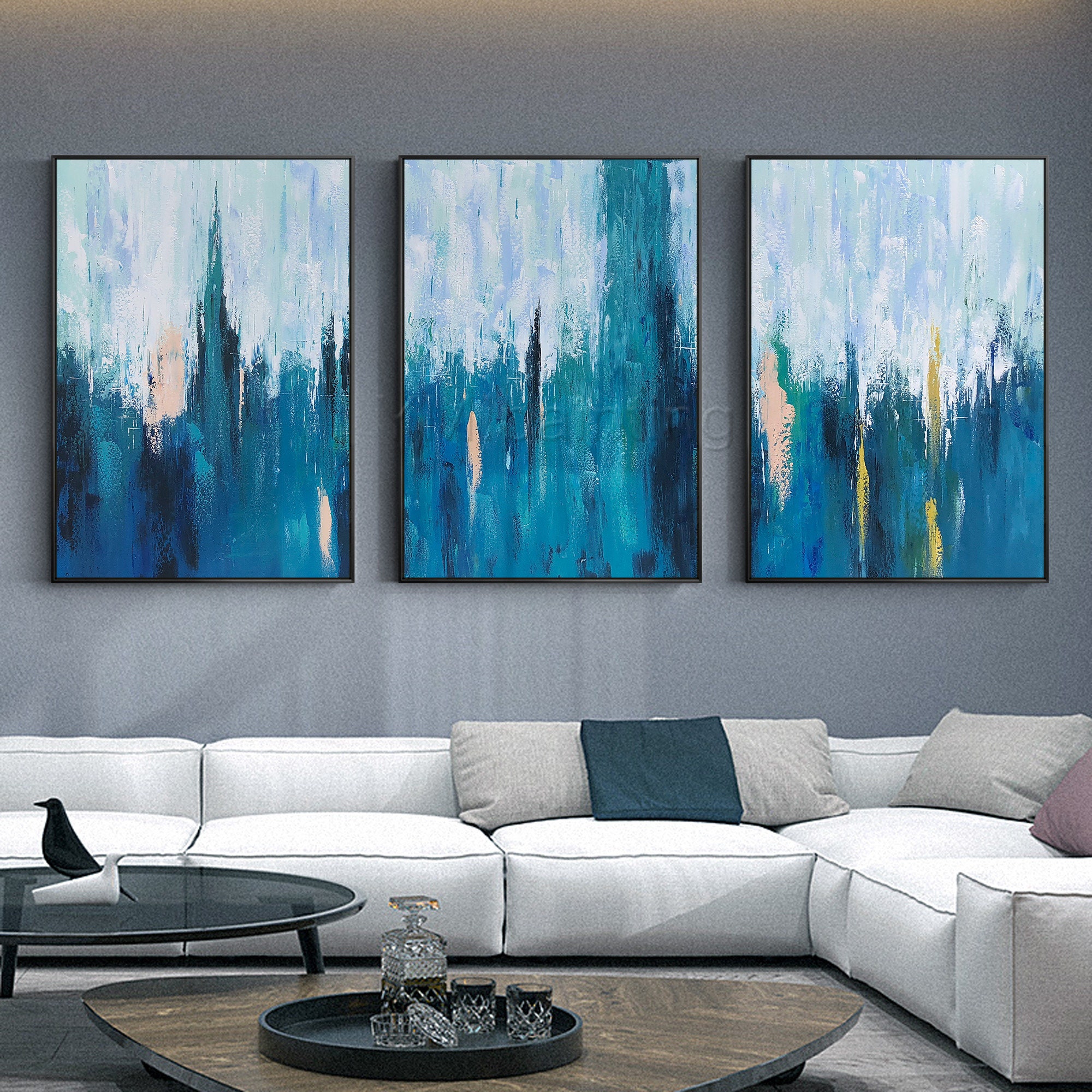 Set of 3 wall art blue art Abstract painting 3 pieces Wall Art | Etsy