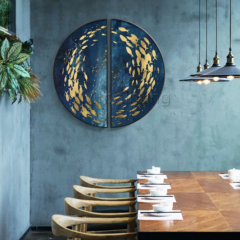 Gold art set of 2 wall art Sea Navy blue Ymipainting Gold Etsy