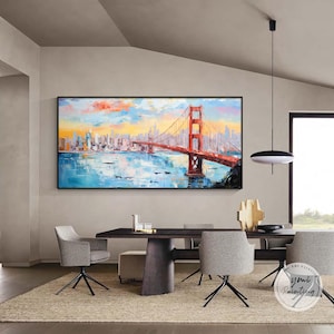 Original Golden Gate Bridge painting,Impasto Oil Painting,large framed art,blue red san francisco art,modern art,textured art,Ymipaint