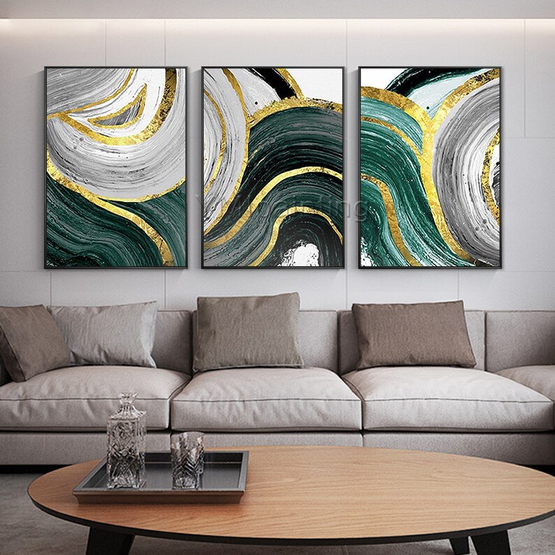 Emerald green wall art Framed painting set of 3 wall art Gold Etsy