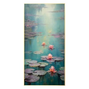 May include: A painting depicting a pond with water lilies. The water is a light blue-green colour and the lilies are pink with green leaves. The background is a soft, hazy blue.